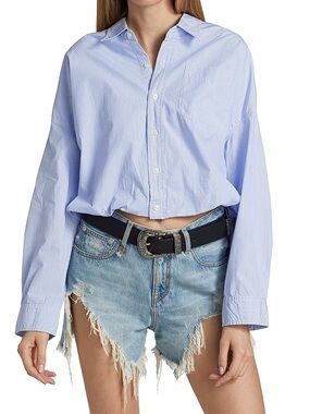New R13 Gathered Hem Shirt in Blue Cotton Size Small